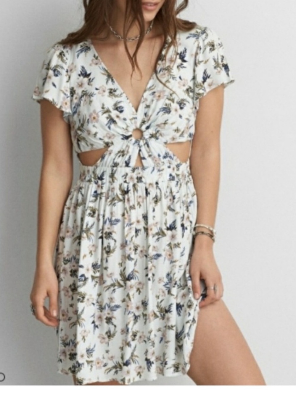American Eagle Outfitters Ivory Floral Cutout Mini Dress